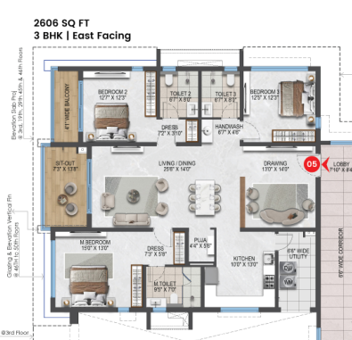 3 BHK East Facing floor plan