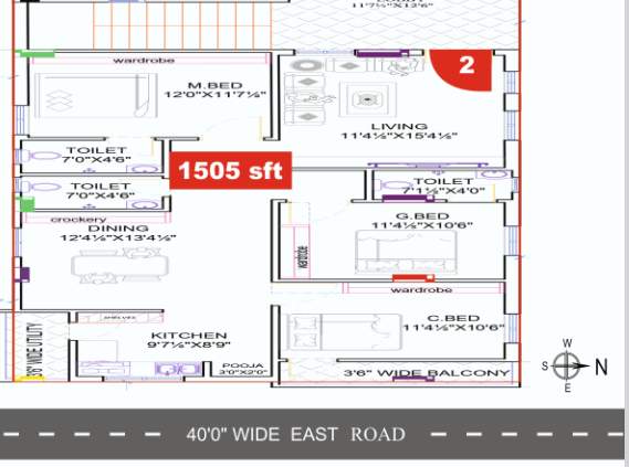 3 BHK East Facing floor plan