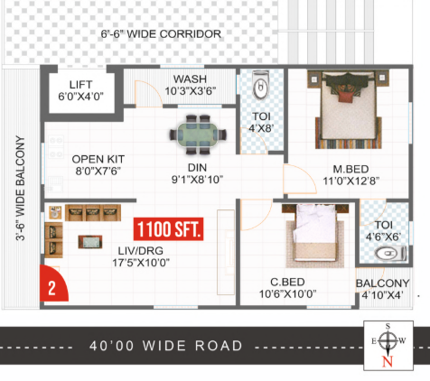 2 BHK East Facing floor plan