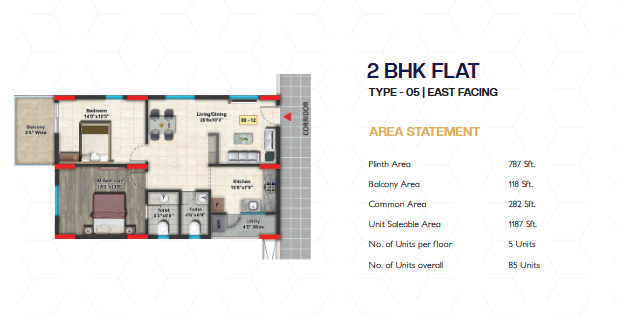 2 BHK East Facing floor plan